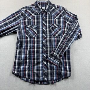 Wrangler Shirt Mens Medium Blue Plaid Long Sleeve Western Snap Pockets Casual